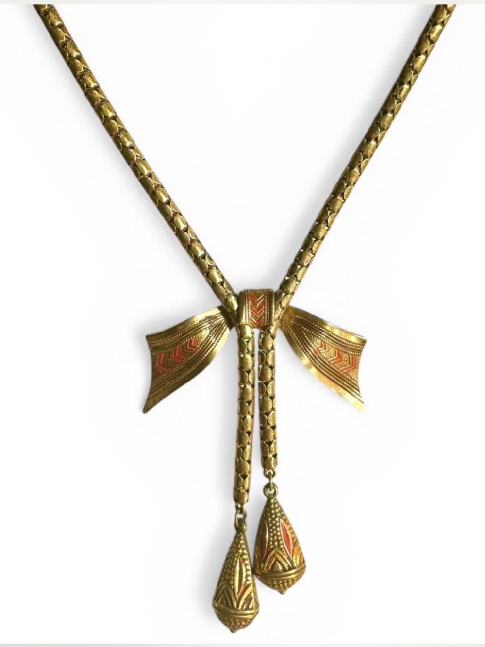 Vintage Ornate Damascene Lariat enamel  necklace
